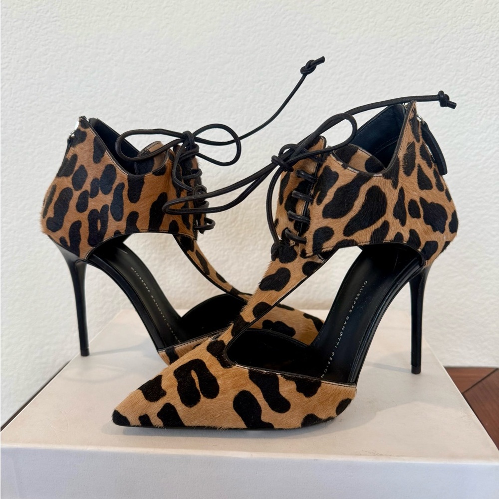 Giuseppe Zanotti “Frida” Leopard Cheetah Print Lace-Up Heels– New